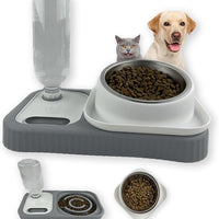 HKM-856723 Elevated Cat and Dog Food and Water Bowl Set with Stainless Steel Slow Feeder and Automatic Gravity Water Dispenser
