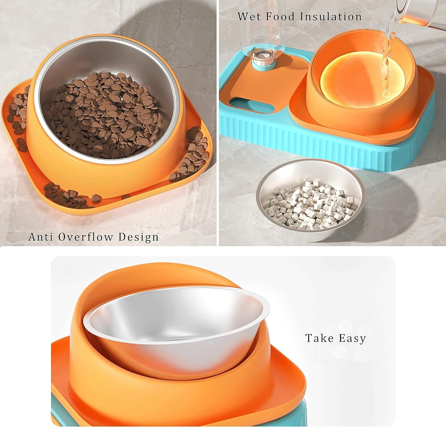 HKM-856723 Elevated Cat and Dog Food and Water Bowl Set with Stainless Steel Slow Feeder and Automatic Gravity Water Dispenser