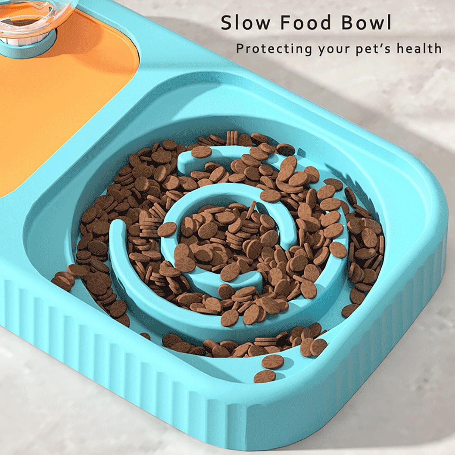 HKM-856723 Elevated Cat and Dog Food and Water Bowl Set with Stainless Steel Slow Feeder and Automatic Gravity Water Dispenser