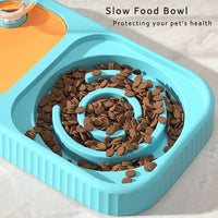 HKM-856723 Elevated Cat and Dog Food and Water Bowl Set with Stainless Steel Slow Feeder and Automatic Gravity Water Dispenser
