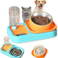 HKM-856723 Elevated Cat and Dog Food and Water Bowl Set with Stainless Steel Slow Feeder and Automatic Gravity Water Dispenser