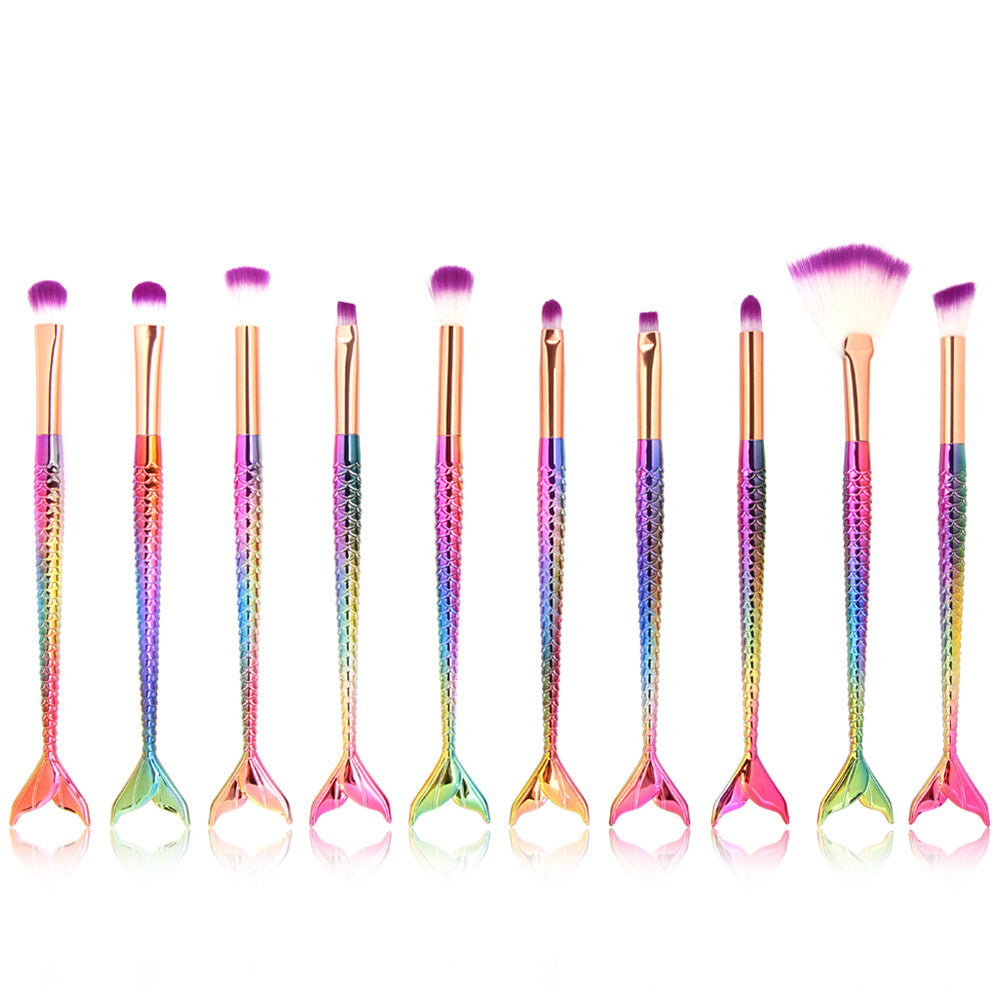 HKM-771795 Colorful Mermaid Makeup Brush Set with 10 Nylon Brushes for Eye Makeup