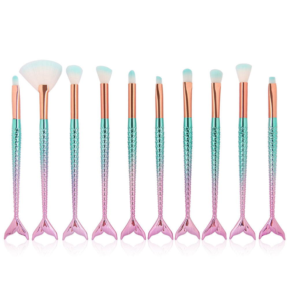 HKM-771795 Colorful Mermaid Makeup Brush Set with 10 Nylon Brushes for Eye Makeup