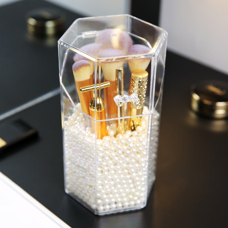 HKM-442963 Acrylic Makeup Brush Storage Bucket with Six-Sided Design – Clear and Elegant for Bedroom Organization