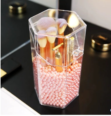 HKM-442963 Acrylic Makeup Brush Storage Bucket with Six-Sided Design – Clear and Elegant for Bedroom Organization