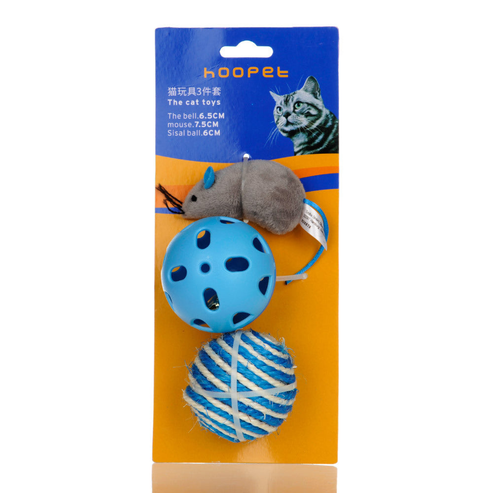 HKM-772755 Interactive Cat Toy Set with 3 Pieces: Molar-Resistant Sisal Mouse and Bell Ball