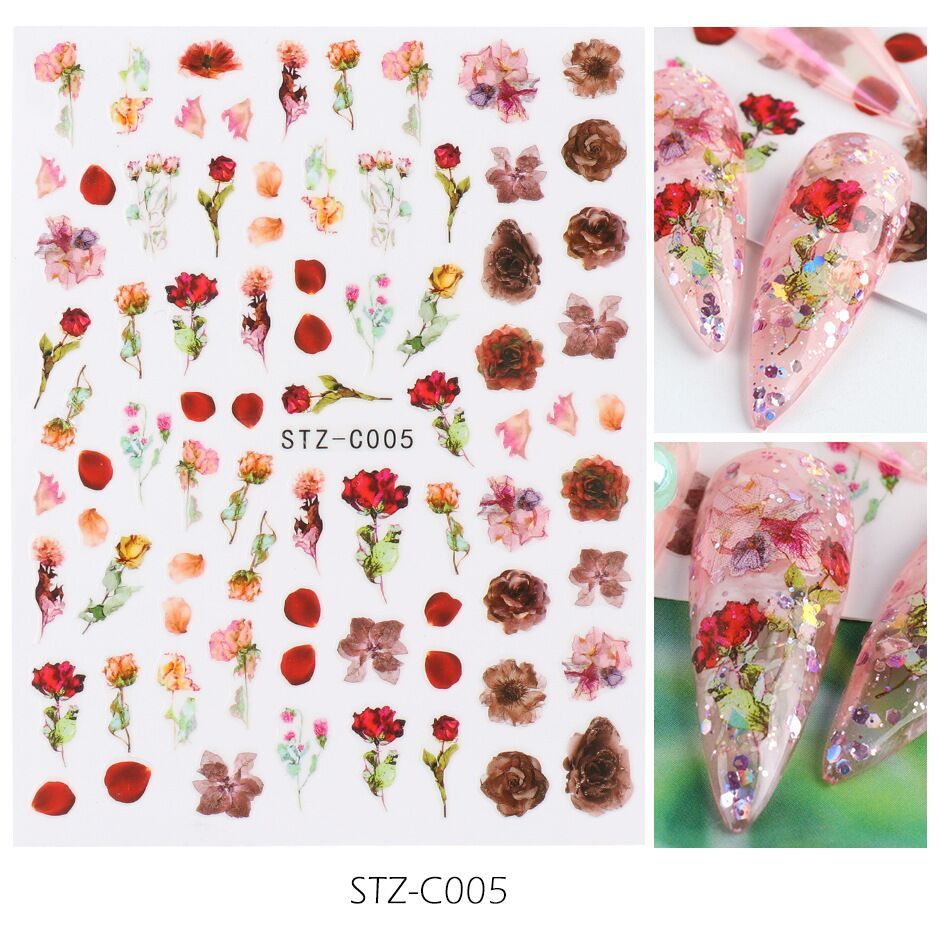 HKM-383443 Japanese Watercolor 3D Nail Stickers - Dried Flowers & Butterflies, 11 Styles