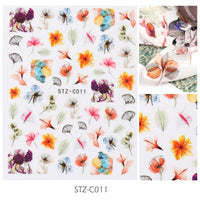 HKM-383443 Japanese Watercolor 3D Nail Stickers - Dried Flowers & Butterflies, 11 Styles