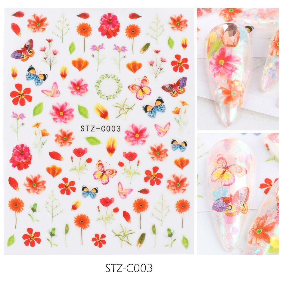 HKM-383443 Japanese Watercolor 3D Nail Stickers - Dried Flowers & Butterflies, 11 Styles