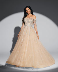 HKM-020755 Champagne Elegance Evening Dress for Women - EZ25044