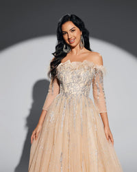 HKM-020755 Champagne Elegance Evening Dress for Women - EZ25044