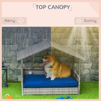 HKM-821139 Rattan Dog House with Canopy and Waterproof Bed for Small to Medium Dogs, Blue