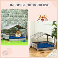 HKM-821139 Rattan Dog House with Canopy and Waterproof Bed for Small to Medium Dogs, Blue