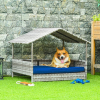 HKM-821139 Rattan Dog House with Canopy and Waterproof Bed for Small to Medium Dogs, Blue