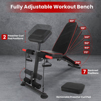 HKM-049555 Adjustable Weight Bench with Preacher Curl Pad and Resistance Bands for Full Body Home Gym Workouts