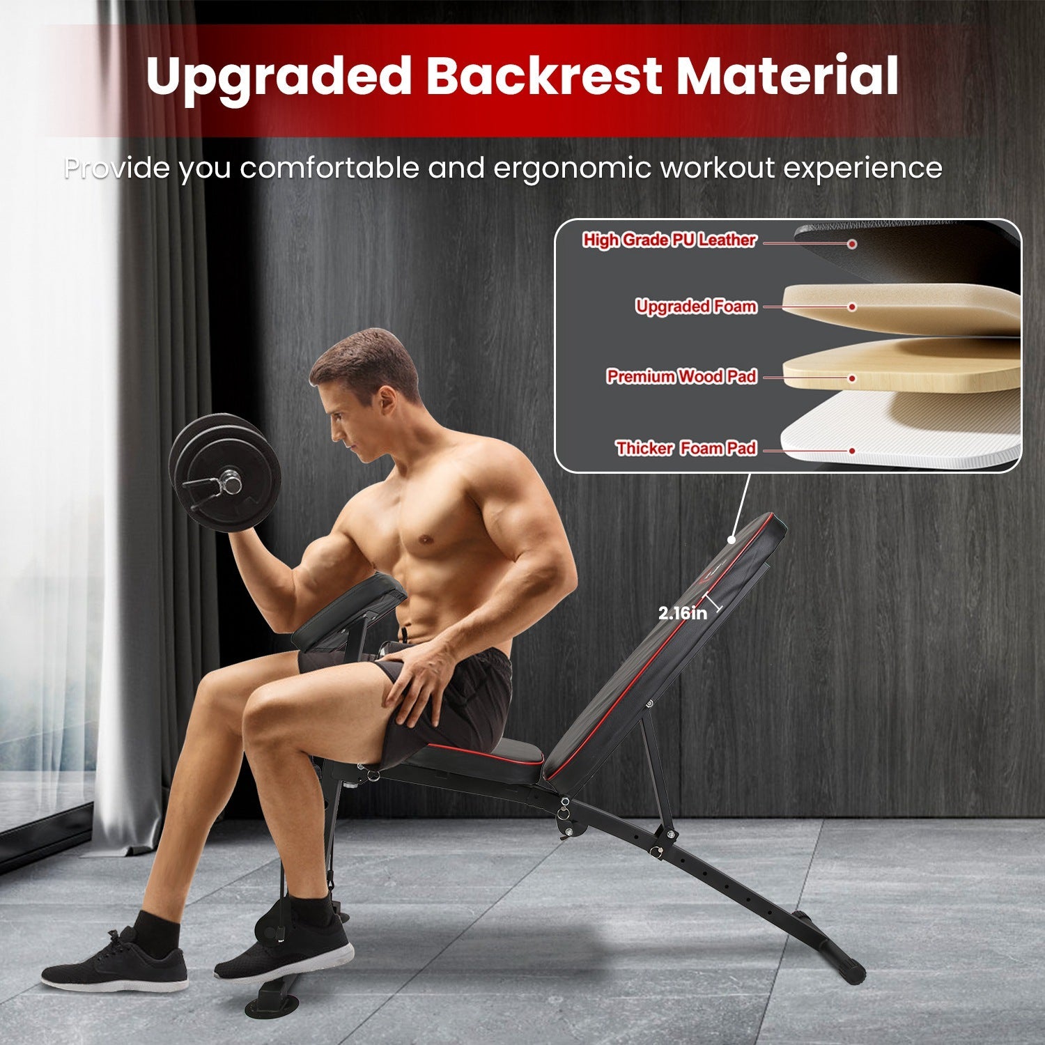 HKM-049555 Adjustable Weight Bench with Preacher Curl Pad and Resistance Bands for Full Body Home Gym Workouts