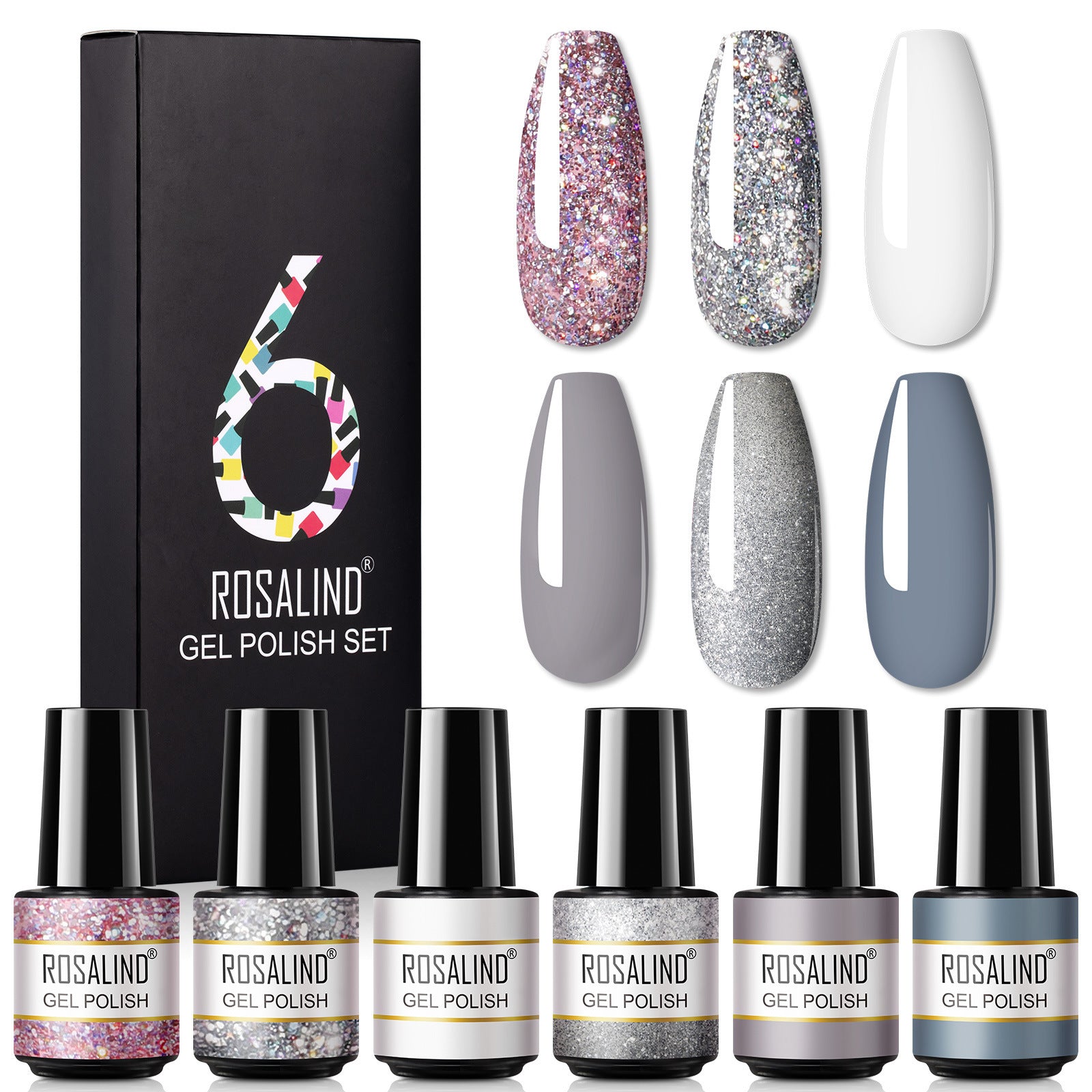 HKM-802515 One-Color Gel Glitter Nail Polish Set - 6-Piece Collection in Convenient Color Box