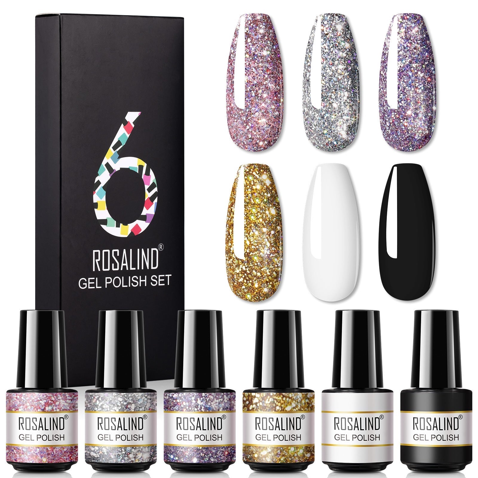 HKM-802515 One-Color Gel Glitter Nail Polish Set - 6-Piece Collection in Convenient Color Box