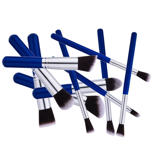 HKM-434899 10-Piece Portable Blue Nylon Makeup Brush Set with Wooden Handles