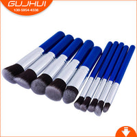 HKM-434899 10-Piece Portable Blue Nylon Makeup Brush Set with Wooden Handles