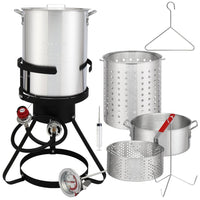 HKM-959315 30QT and 10QT Cookware Set with Black Circular Iron Frame and Silver Aluminum Fryer