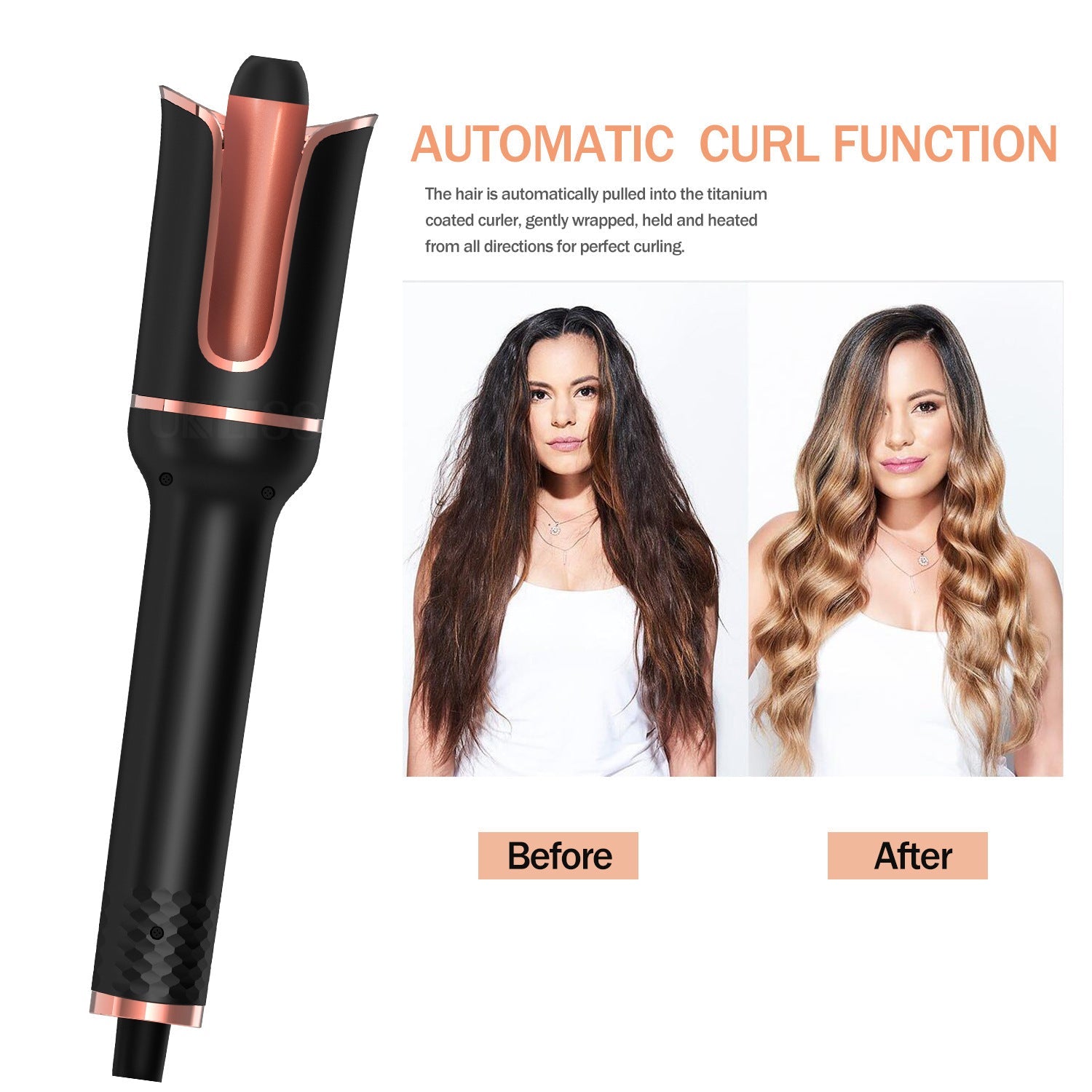 HKM-593875 Portable Automatic Wireless Curling Iron with Tourmaline Ceramic, Black Pink, Wet & Dry Styling