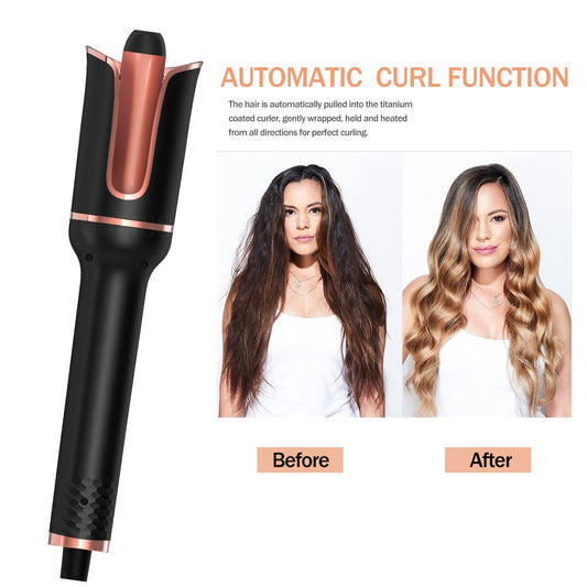 HKM-593875 Portable Automatic Wireless Curling Iron with Tourmaline Ceramic, Black Pink, Wet & Dry Styling
