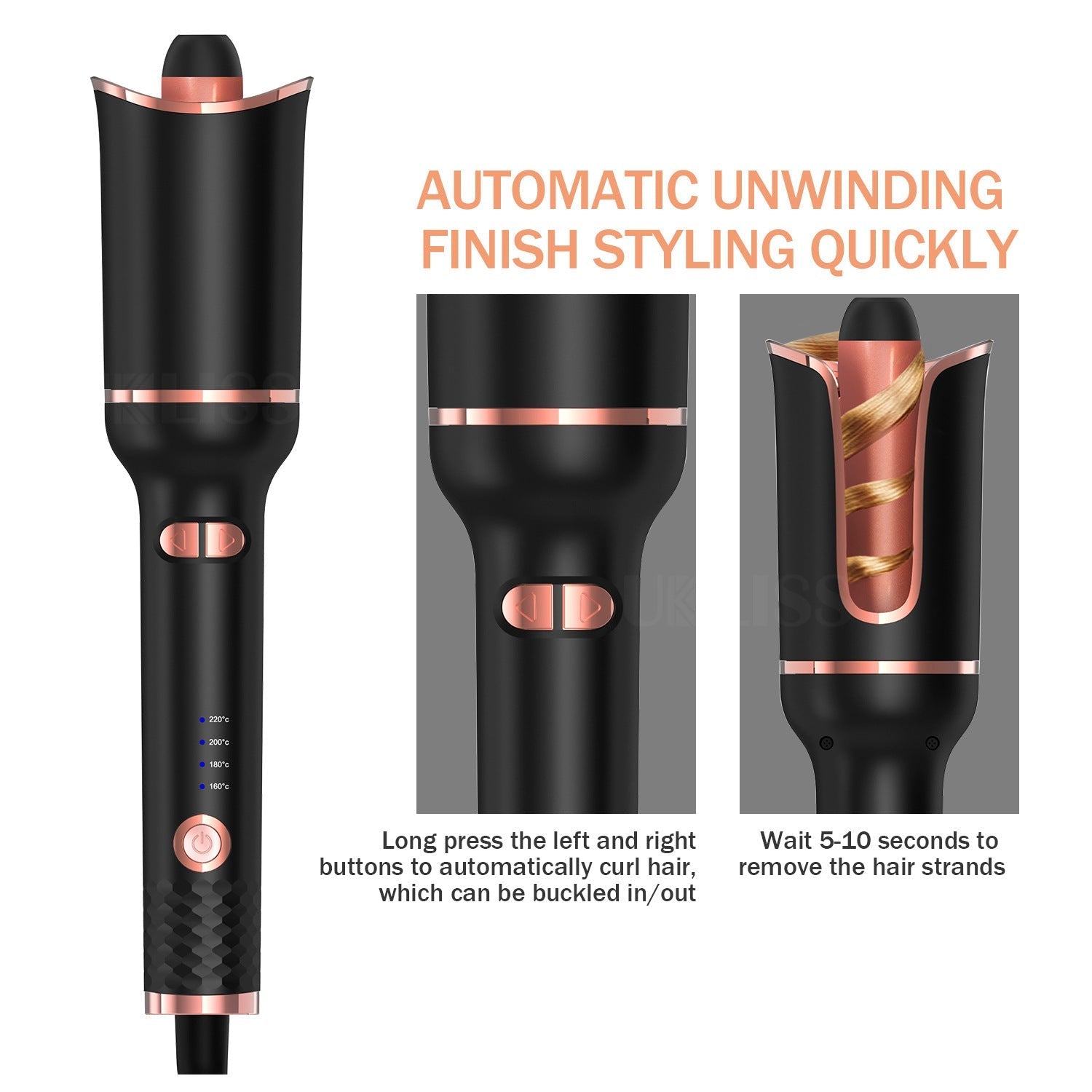 HKM-593875 Portable Automatic Wireless Curling Iron with Tourmaline Ceramic, Black Pink, Wet & Dry Styling