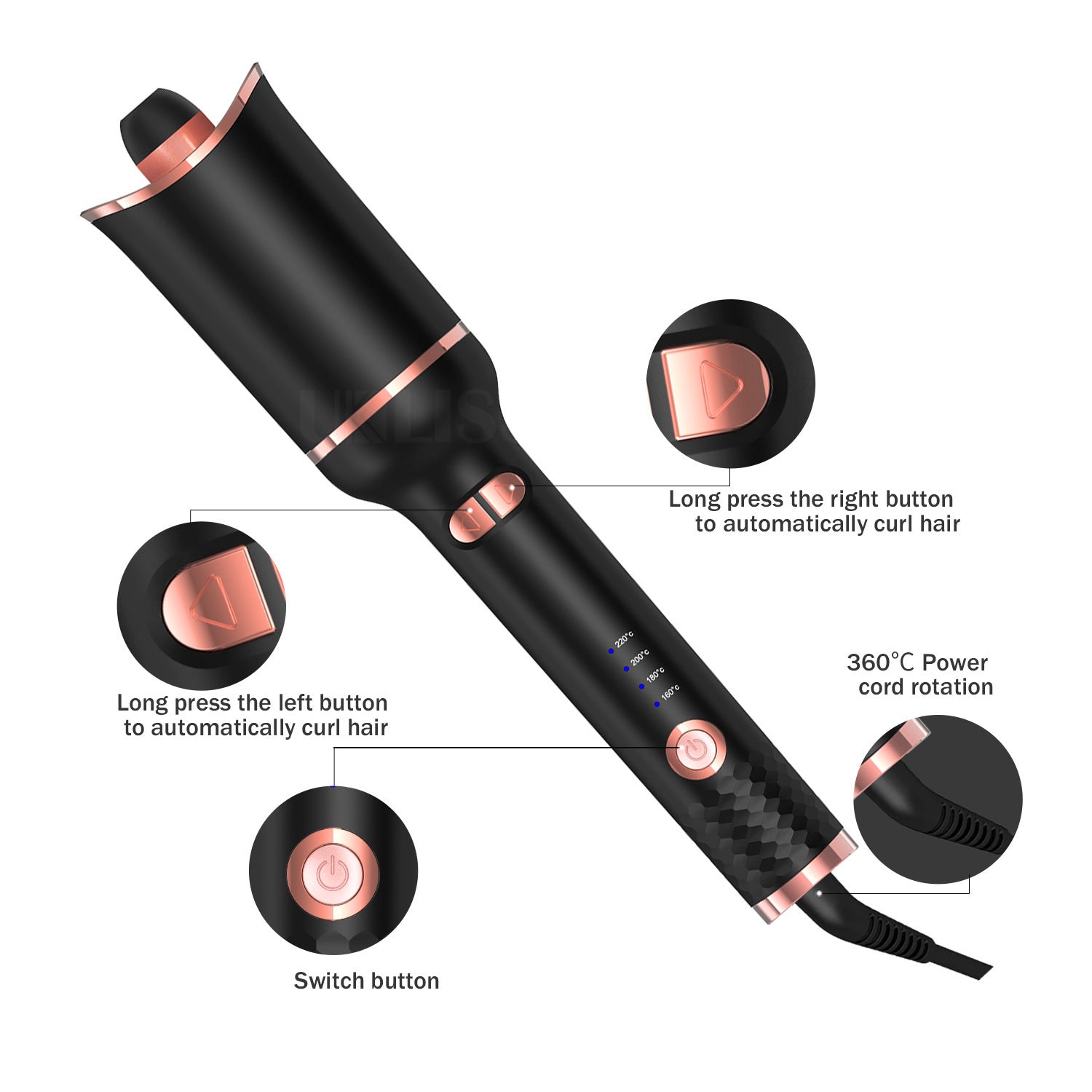 HKM-593875 Portable Automatic Wireless Curling Iron with Tourmaline Ceramic, Black Pink, Wet & Dry Styling