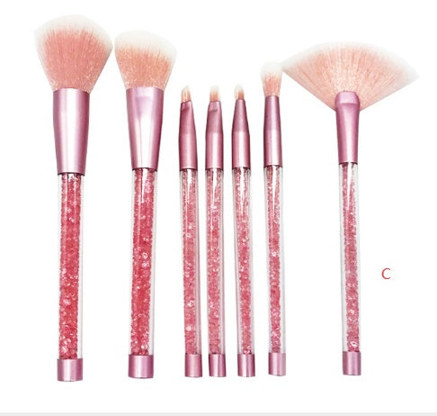 HKM-821523 7-Piece Gradient Makeup Brush Set with Blue Fiber Hair and Pink Crystal Handles