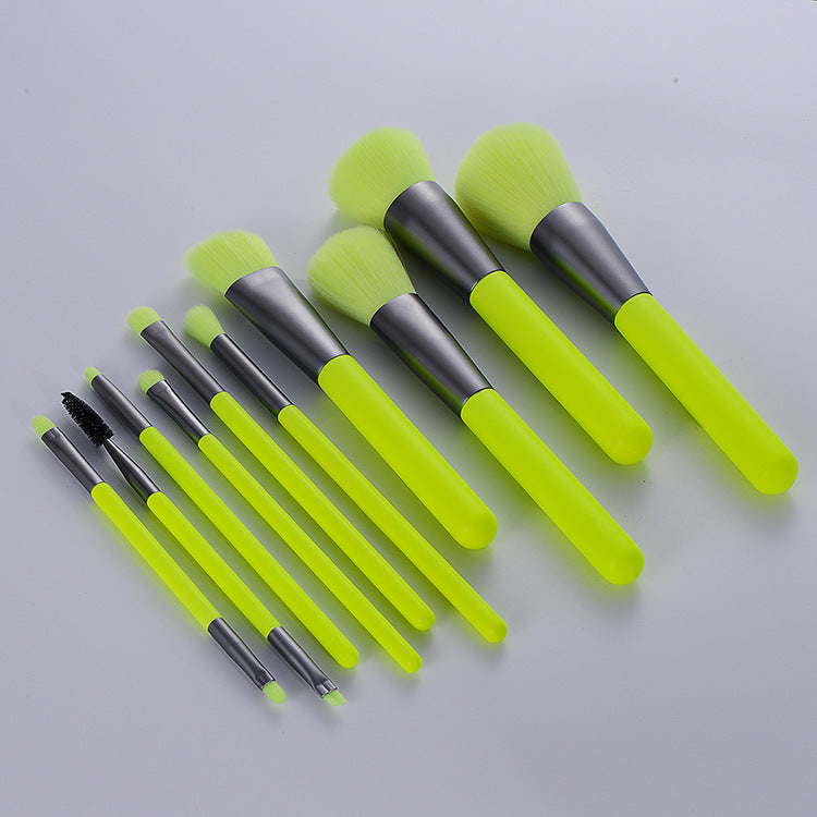 HKM-820371 10-Piece Neon Makeup Brush Set with Fluorescent Green Handles and Soft Bristles