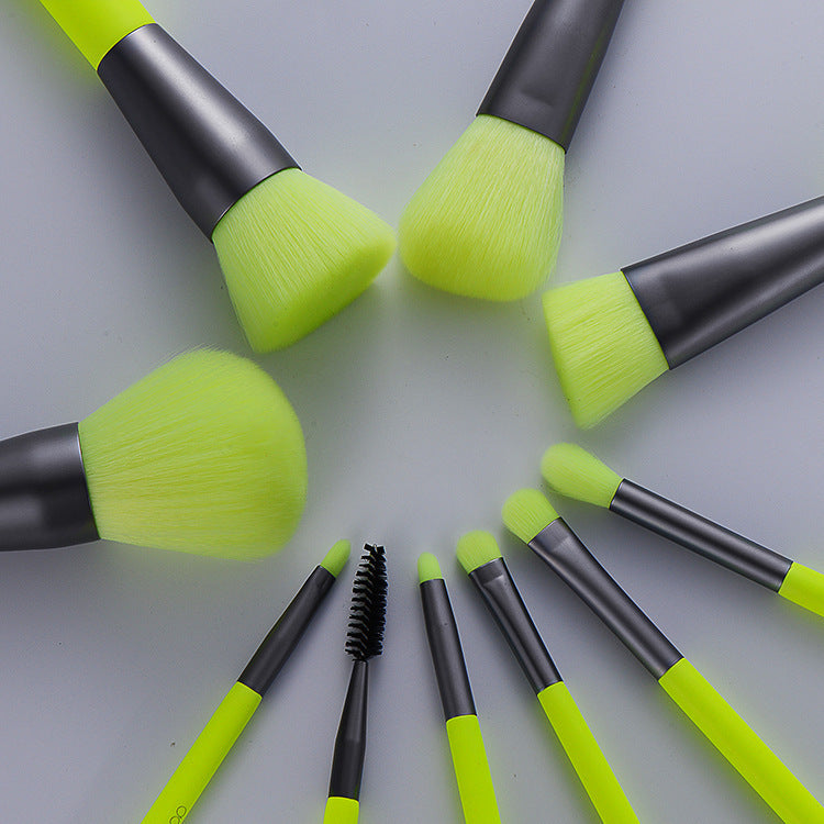 HKM-820371 10-Piece Neon Makeup Brush Set with Fluorescent Green Handles and Soft Bristles