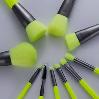 HKM-820371 10-Piece Neon Makeup Brush Set with Fluorescent Green Handles and Soft Bristles