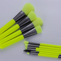HKM-820371 10-Piece Neon Makeup Brush Set with Fluorescent Green Handles and Soft Bristles