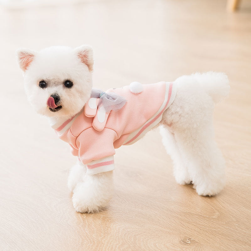 HKM-554771 Cute Cartoon Dog Sweater with 3D Rabbit Ears and Mesh Bow in Sakura Pink
