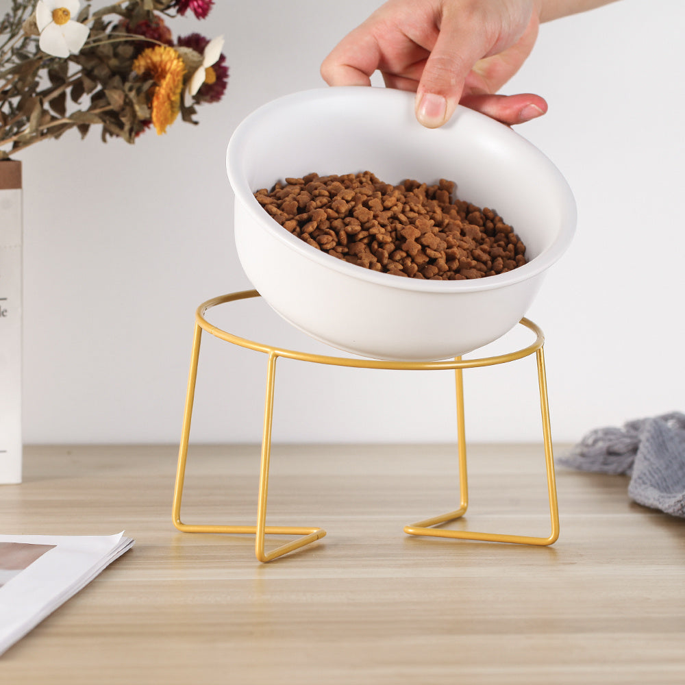 HKM-372755 Tilted Ceramic Cat Food Bowl with Stainless Steel Features - Modern Heightened Design