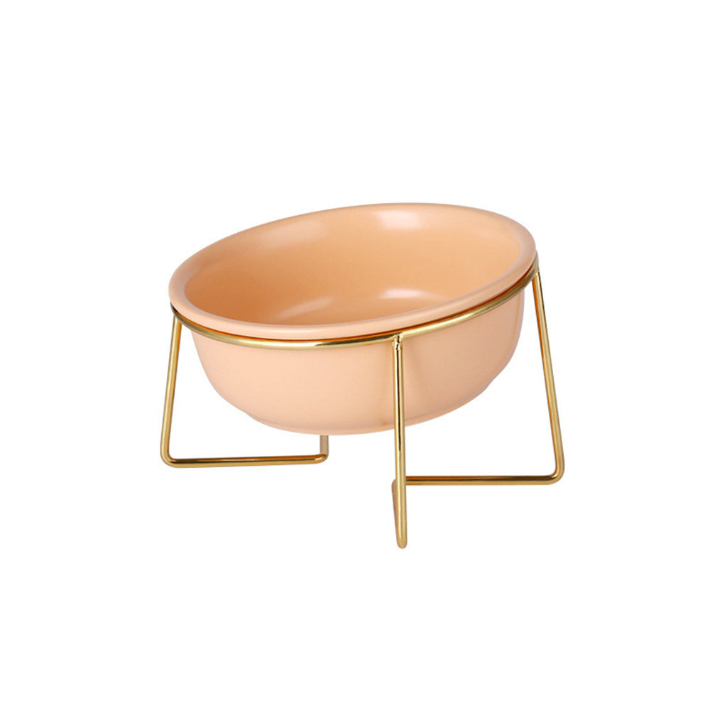HKM-372755 Tilted Ceramic Cat Food Bowl with Stainless Steel Features - Modern Heightened Design