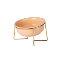 HKM-372755 Tilted Ceramic Cat Food Bowl with Stainless Steel Features - Modern Heightened Design