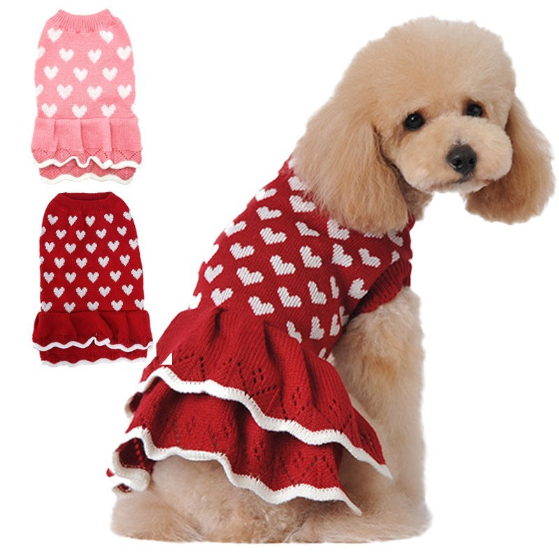 HKM-700499 Warm Red Acrylic Dog Sweater Skirt for Autumn and Winter