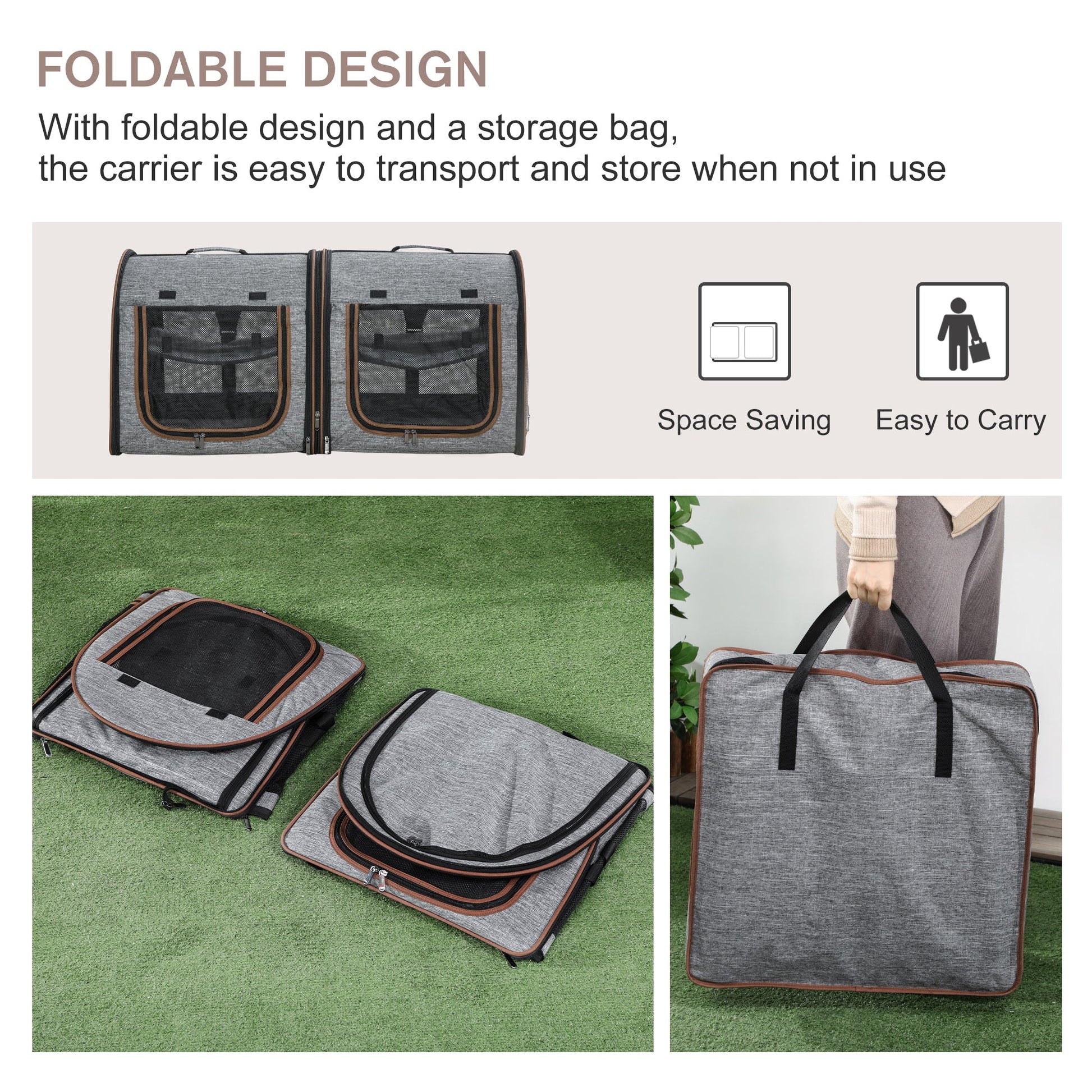 HKM-904467 Soft-Sided Portable Pet Cat Carrier with Padded Divider and Storage Bag - Grey