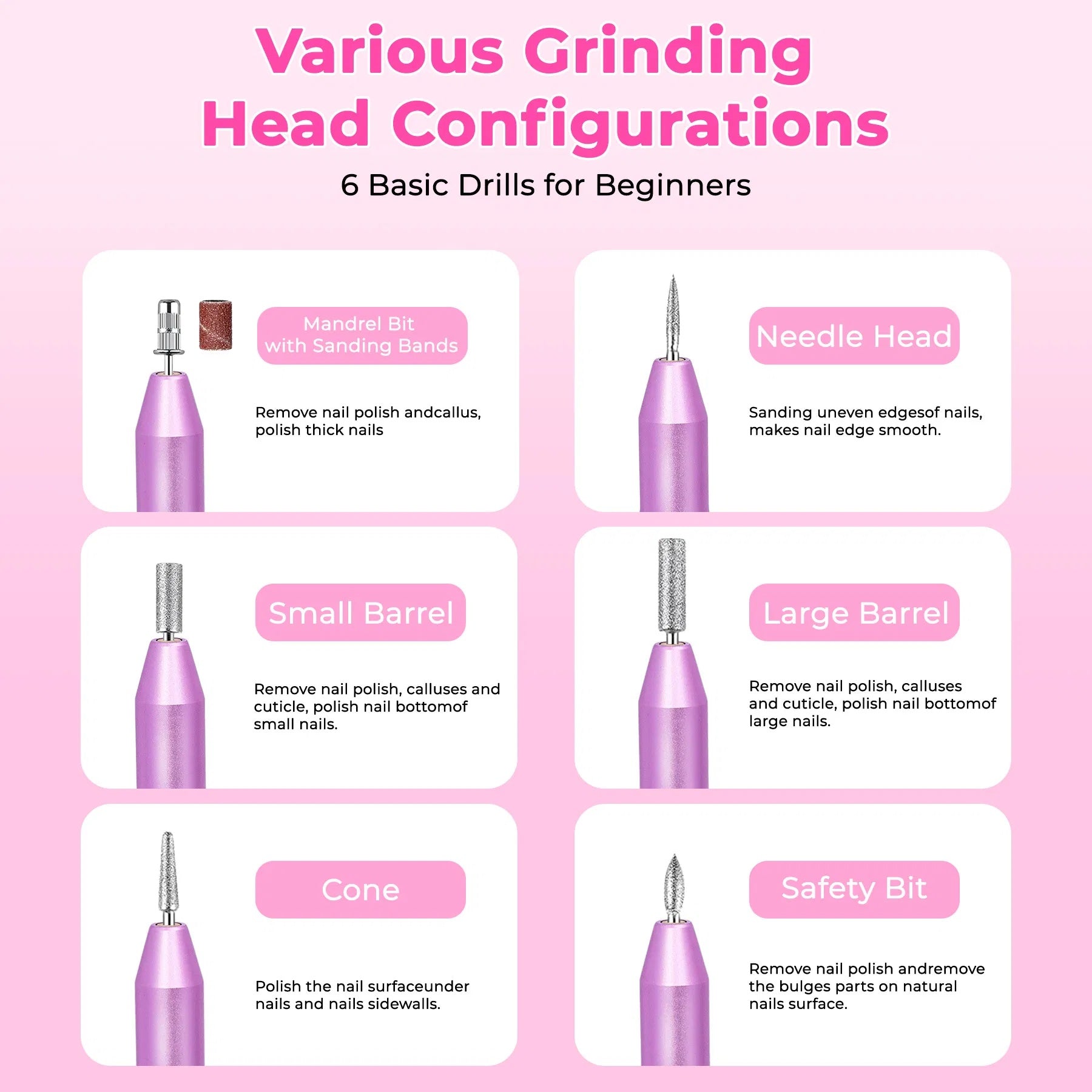HKM-430867 Portable Electric Nail Drill Kit for Manicure and Pedicure with 6 Drill Bits and Sanding Bands - Lightweight Rose Gold Design