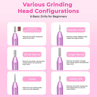 HKM-430867 Portable Electric Nail Drill Kit for Manicure and Pedicure with 6 Drill Bits and Sanding Bands - Lightweight Rose Gold Design