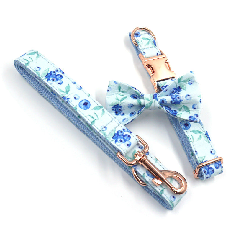 HKM-771283 Blueberry Pet Fashion Blue Print Dog Collar with Bow and Rose Gold Buckle