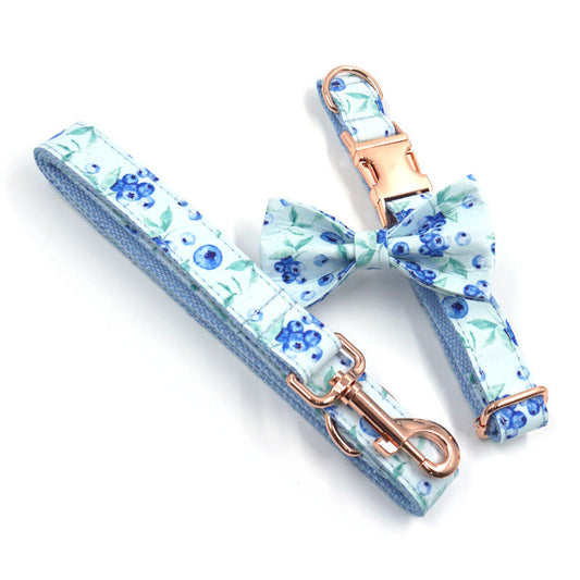 HKM-771283 Blueberry Pet Fashion Blue Print Dog Collar with Bow and Rose Gold Buckle