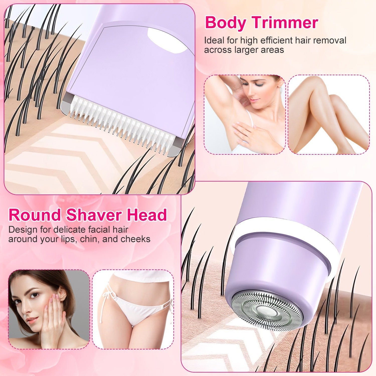 HKM-578835 2-in-1 Bikini Trimmer for Women, Dual Head Cordless Waterproof Shaver with LED Lights, Rechargeable for Body and Face Use