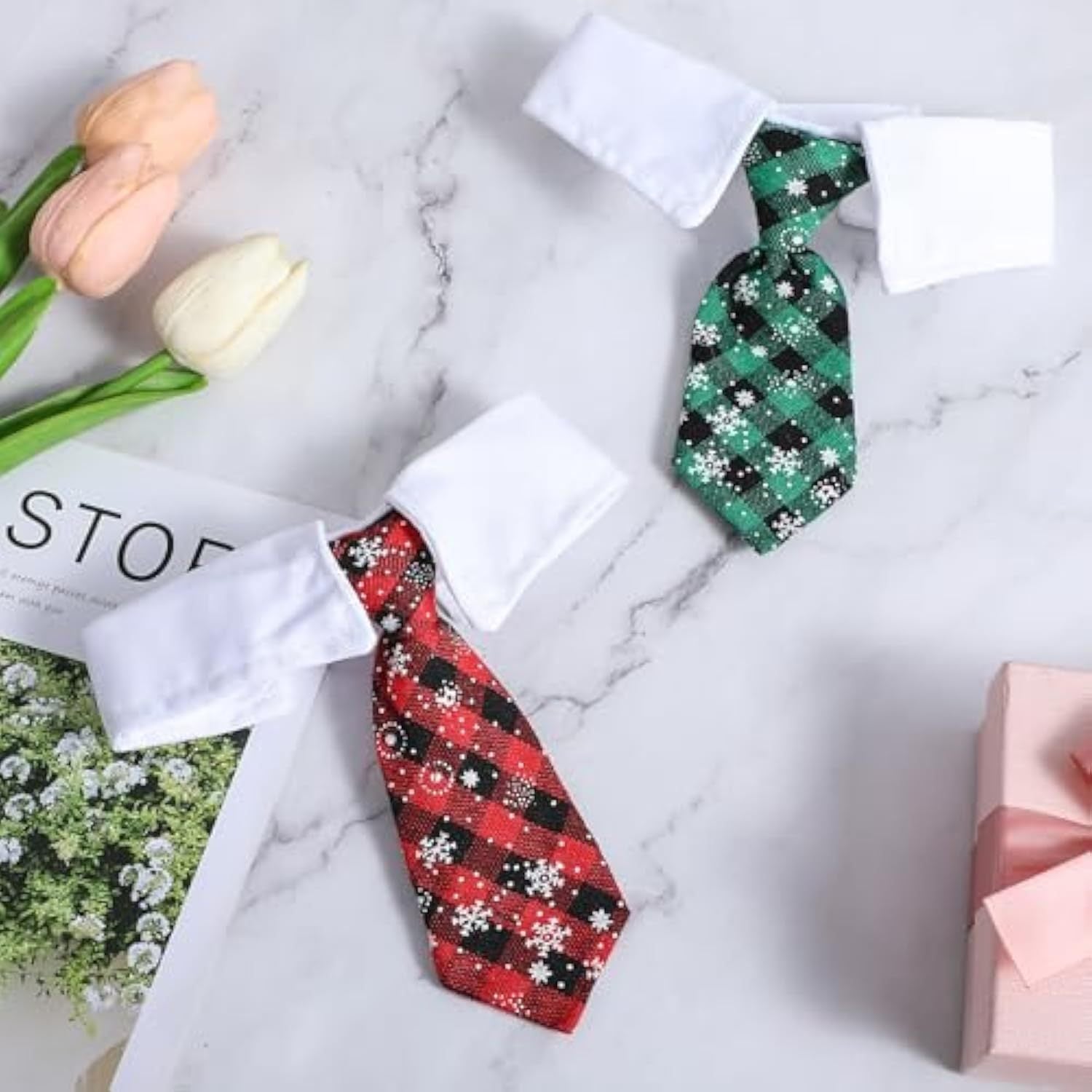 HKM-701971 Adjustable Christmas Dog Necktie with Snowflake Pattern and Red Plaid for Small to Medium Pets