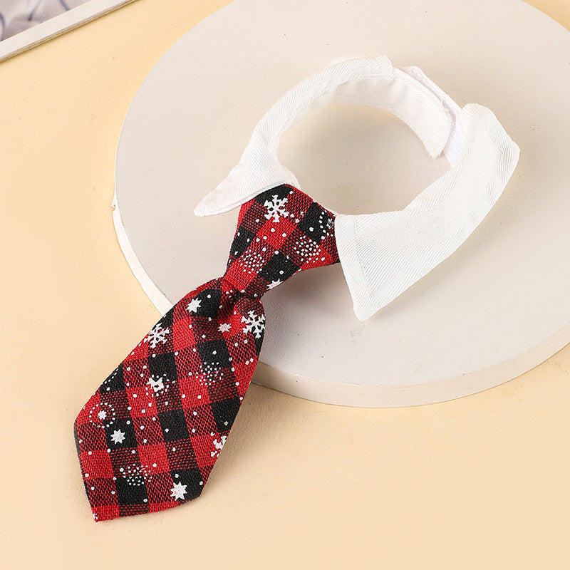 HKM-701971 Adjustable Christmas Dog Necktie with Snowflake Pattern and Red Plaid for Small to Medium Pets