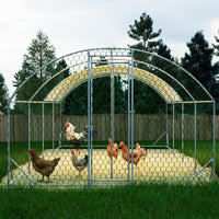 HKM-334547 Large Metal Chicken Coop - 26'x9'x6' Walk-in Poultry Cage with Waterproof Cover for Outdoor Use