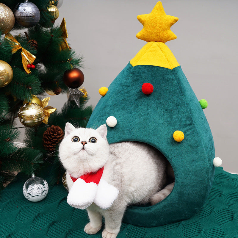 HKM-866259 Cozy Christmas Tree Pet Bed - Warm Winter Nest for Cats and Dogs in Green