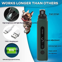 HKM-971539 Rechargeable Electric Dog Nail Grinder with 5-Speed Settings and LED Light for Safe and Quiet Pet Grooming